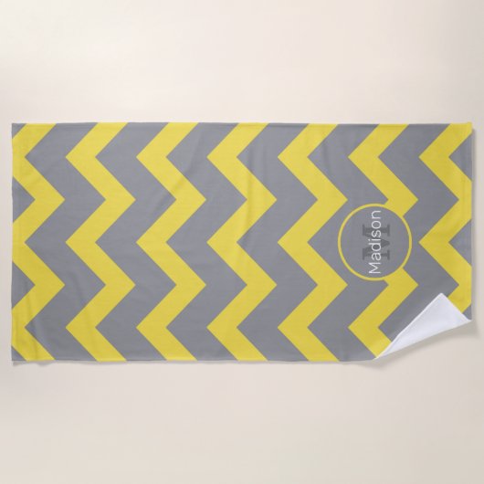Serviette De Plage Chevron jaune gris motif lignes rayures Monogramme (Devant)