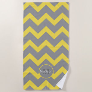 Serviette De Plage Chevron jaune gris motif lignes rayures Monogramme