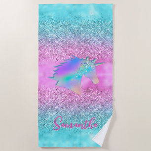 Serviette De Plage Chic Aqua Pink Unicorn Parties scintillant de glam
