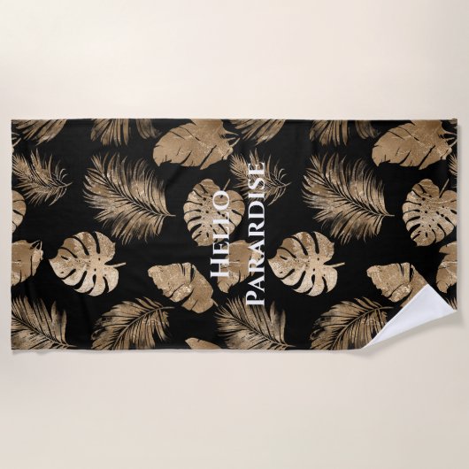 Serviette De Plage Chic Black Gold Tropical Feuilles (Devant)