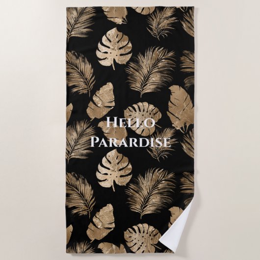 Serviette De Plage Chic Black Gold Tropical Feuilles (Devant)
