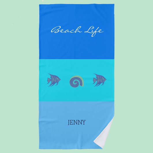 Serviette De Plage Chic Blue Stripes Nom Coquille et poisson