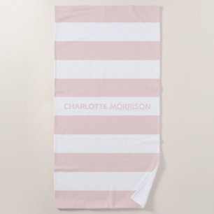 Serviette De Plage Chic blush rose blanc rayures nom personnalisé mon