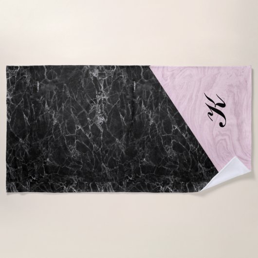 Serviette De Plage Chic Elegant Noir Rose Marbre Plage Monogramme T (Devant)