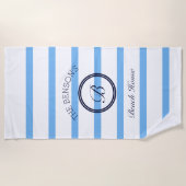 Serviette De Plage Chic Monogram Light Blue Stripes Nom de famille (Devant)