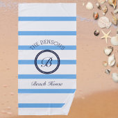 Serviette De Plage Chic Monogram Light Blue Stripes Nom de famille