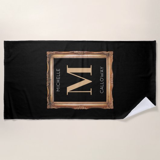 Serviette De Plage Chic Monogramme noir et or (Devant)