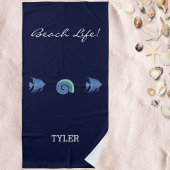 Serviette De Plage Chic Navy Blue Fish and Shell Name