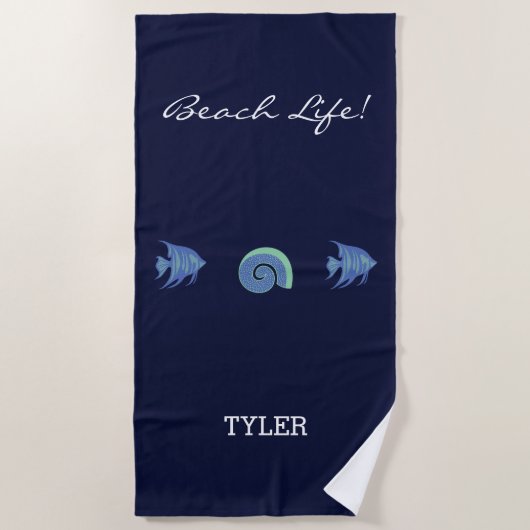 Serviette De Plage Chic Navy Blue Fish and Shell Name (Devant)