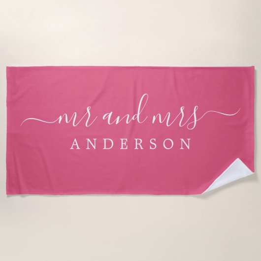 Serviette De Plage Chic Newlysée M. Mme Hot Pink Monogrammed (Devant)