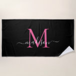 Serviette De Plage Chic Noir Rose Monogramme Feminine Script<br><div class="desc">Élégant moderne Magenta Noir Hot rose Monogramme Feminine Script Serviette de plage</div>