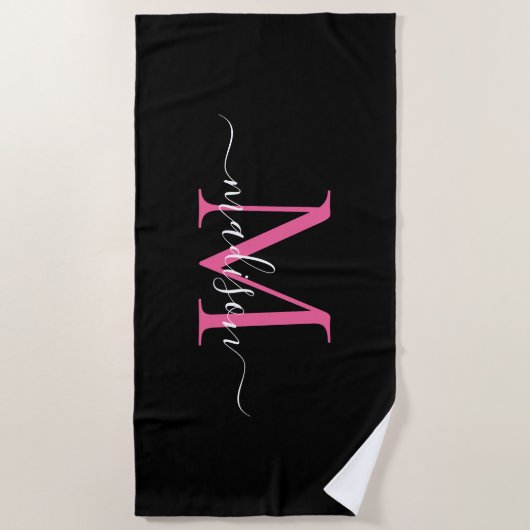 Serviette De Plage Chic Noir Rose Monogramme Feminine Script (Devant)