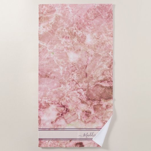 Serviette De Plage Chic Rose rose cristal Monogramme Nom Marble Agate (Devant)