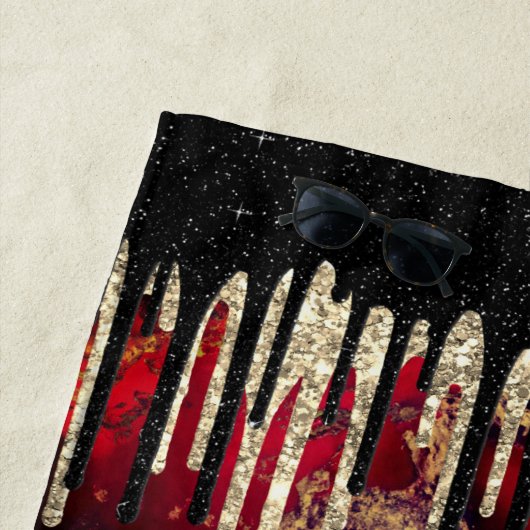 Serviette De Plage Chic rouge noir gouttes parties scintillant monogr (En situation)