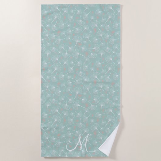 Serviette De Plage Chic Turquoise Ginkgo Feuille Monogramme (Devant)