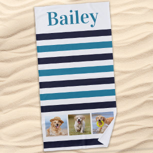 Serviette De Plage Chien 3 Photo Photo Collage Aqua Blue Stripe