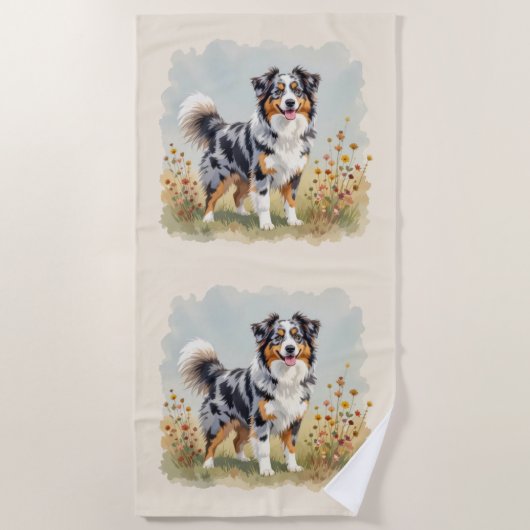 Serviette De Plage Chien berger australien Merle Long Tail (Devant)
