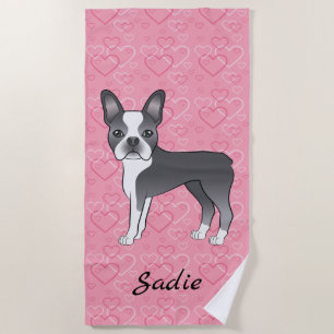 Serviette De Plage Chien Boston Terrier Bleu sur cœurs roses et nom