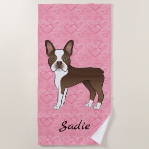 Serviette De Plage Chien Boston Terrier Brun Sur Cœurs Roses Et Nom