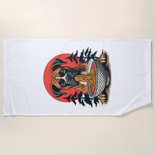 Serviette De Plage Chien Boxer Vintage Mangeant Ramen Coucher de Sole