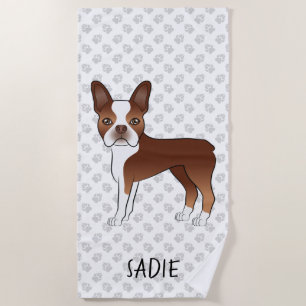 Serviette De Plage Chien de dessin animé Boston Terrier rouge & nom p