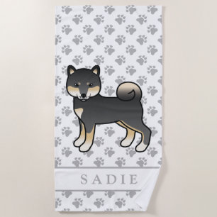 Serviette De Plage Chien de dessin animé Shiba Inu noir et feu & nom