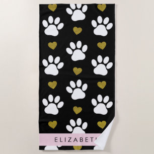 Serviette De Plage Chien Paws, White Paws, Gold Hearts, Votre Nom