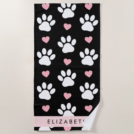 Serviette De Plage Chien Paws, White Paws, Rose Hearts, Votre Nom (Devant)
