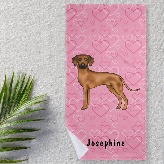 Serviette De Plage Chien Rhodesian Ridgeback sur des cœurs roses avec