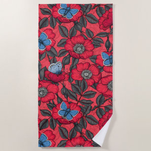 Serviette De Plage Chien rose et papillons en rouge et bleu