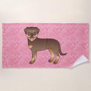 Serviette De Plage Chien Rottweiler Rouge Et Brun Sur Coeurs Roses