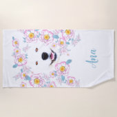 Serviette De Plage Chien Samoyed et fleurs roses, nom customisé (Devant)