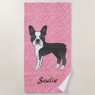 Serviette De Plage Chien Terrier Boston Noir sur Cœurs Roses et Nom