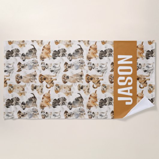 Serviette De Plage Chiens de chiot à l'aquarelle mignon (Devant)