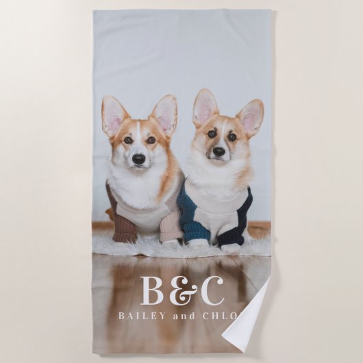 Serviette De Plage Chiens de compagnie mignons Photo Monogrammes Noms (Devant)