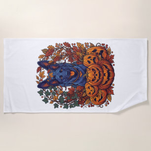 Serviette De Plage Chiens Pitbull Bleus Citrouilles Halloween Feuille
