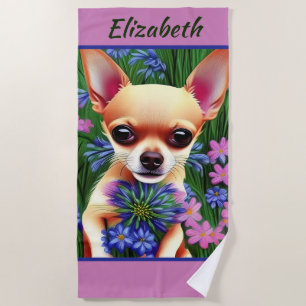 Serviette De Plage Chihuahua Puppy dans la prairie de fleurs Personna