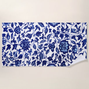 Serviette De Plage Chinois bleu marine foncé motif floral sur blanc