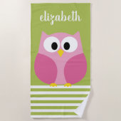 Serviette De Plage Chouette caricaturale mignonne - rose et vert citr (Devant)