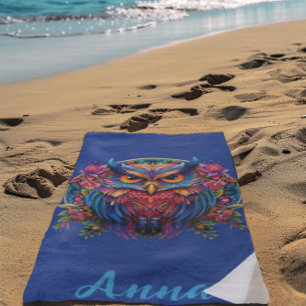 Serviette De Plage Chouette vibrante - Boho coloré avec/ Nom personna