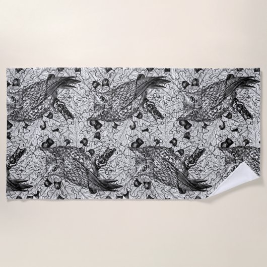 Serviette De Plage Chouettes dans le chêne, noir et blanc (Devant)