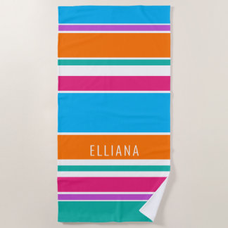 Serviette De Plage Ciel bleu chaud rose orange blanc rayures