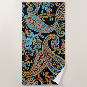 Serviette De Plage Ciel bleu et orange d'automne Vintage Paisley