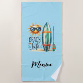 Serviette De Plage Citation de vie de plage Nom de la planche de surf (Devant)