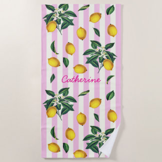 Serviette De Plage Citrons Roses Rayures Méditerranéen Vintage Nom
