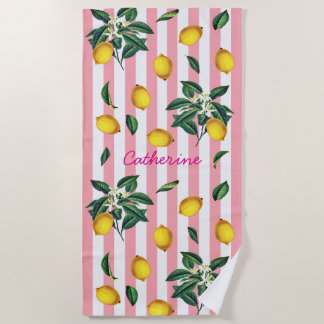 Serviette De Plage Citrons Vintage Méditerranéen Bandes Roses Nom