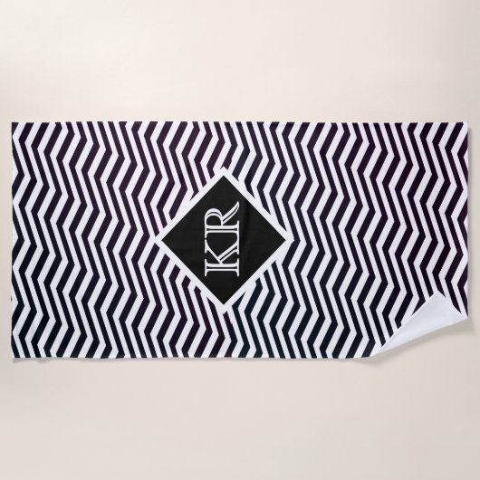 Serviette De Plage Classic noir blanc Zig Zag Chevron Monogramme (Devant)