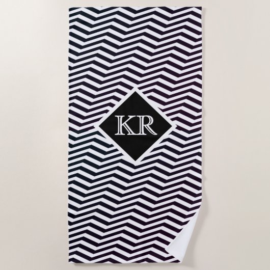 Serviette De Plage Classic noir blanc Zig Zag Chevron Monogramme (Devant)
