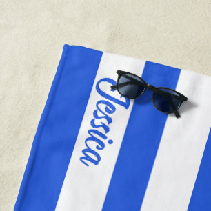 Serviette De Plage Classic Royal Bleu Blancs Cabana Bande personnalis