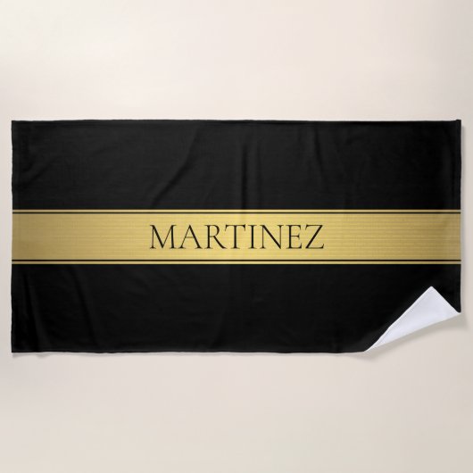 Serviette De Plage Classy Faux Gold Stripe & Black Arrière - plan ou  (Devant)